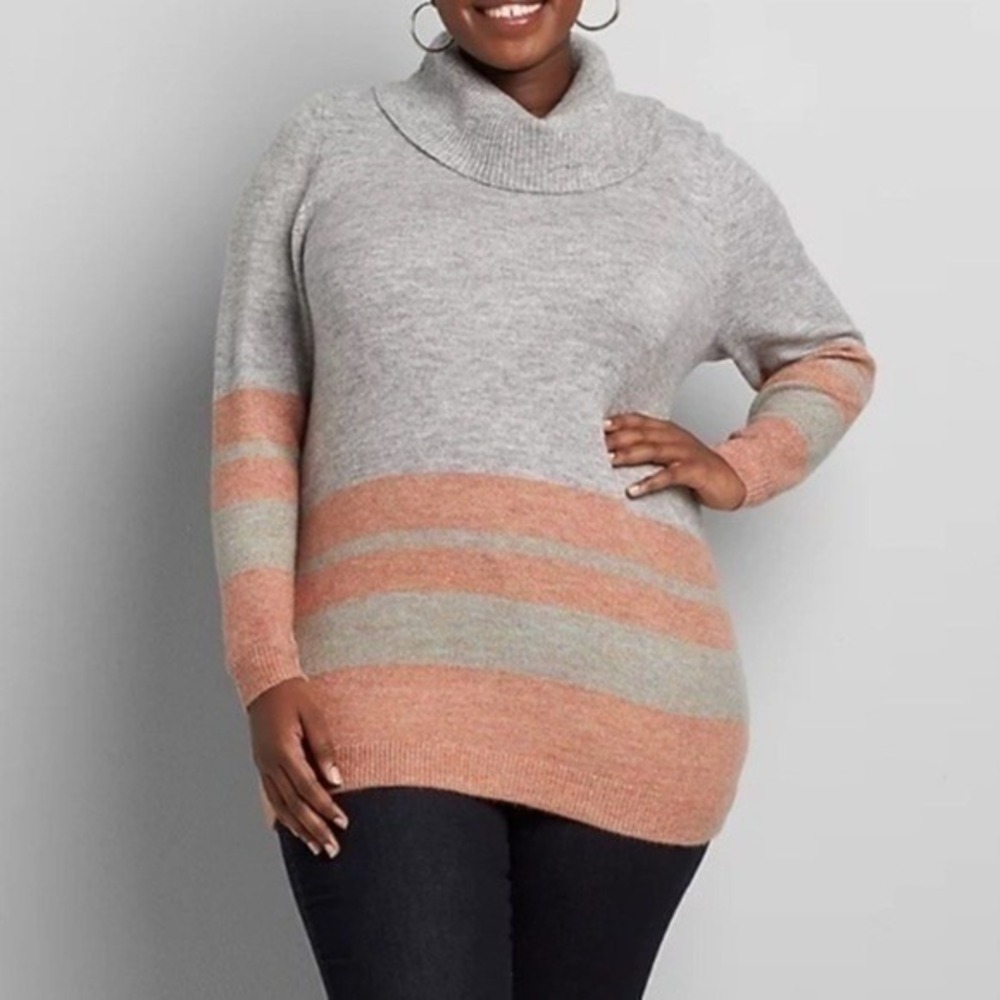 NWT Lane Bryant Grey Coral Striped Cowl‎ Neck Sweater Plus Size 26/28